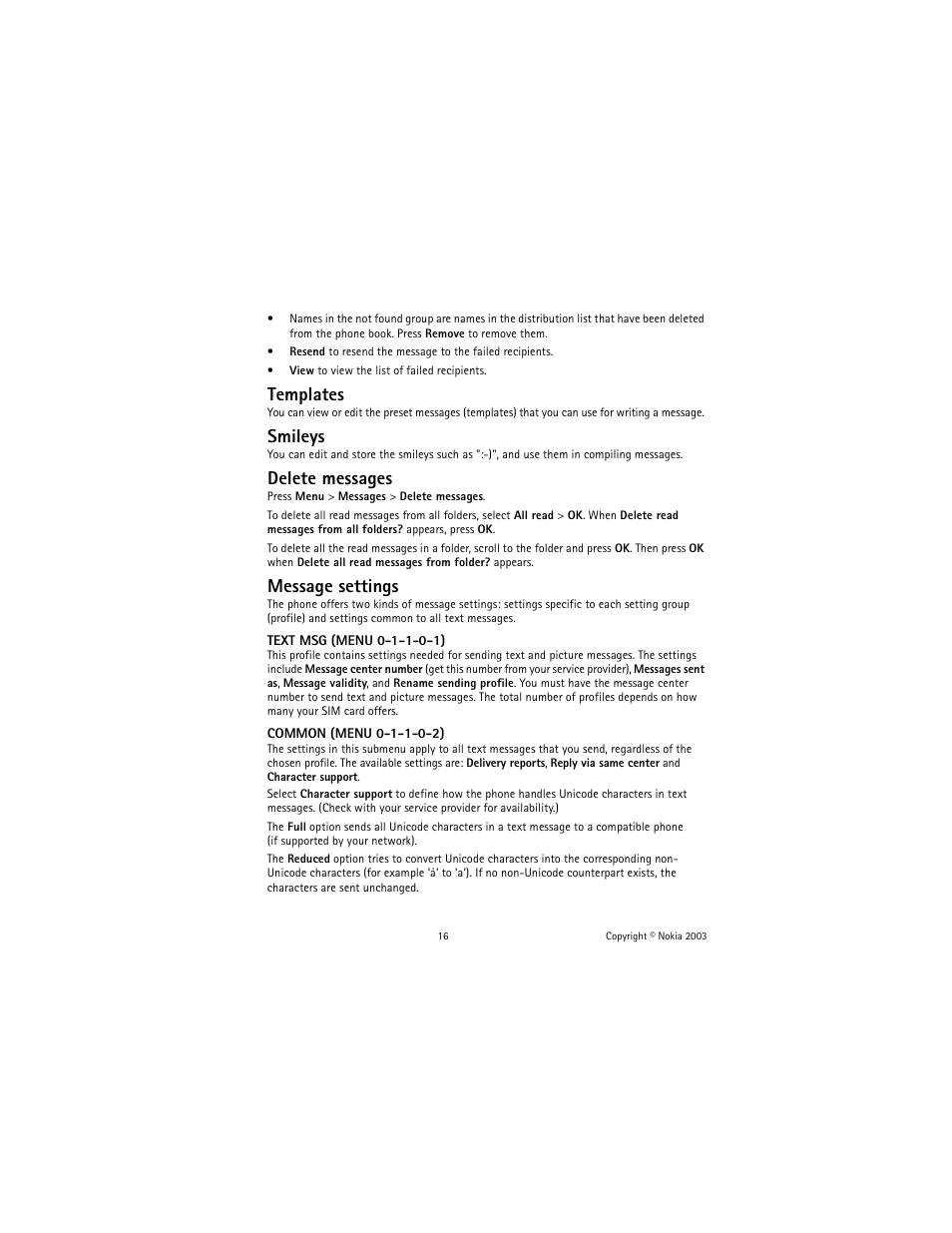 Templates, Smileys, Delete messages | Message settings | Nokia 1100 User Manual | Page 21 / 137