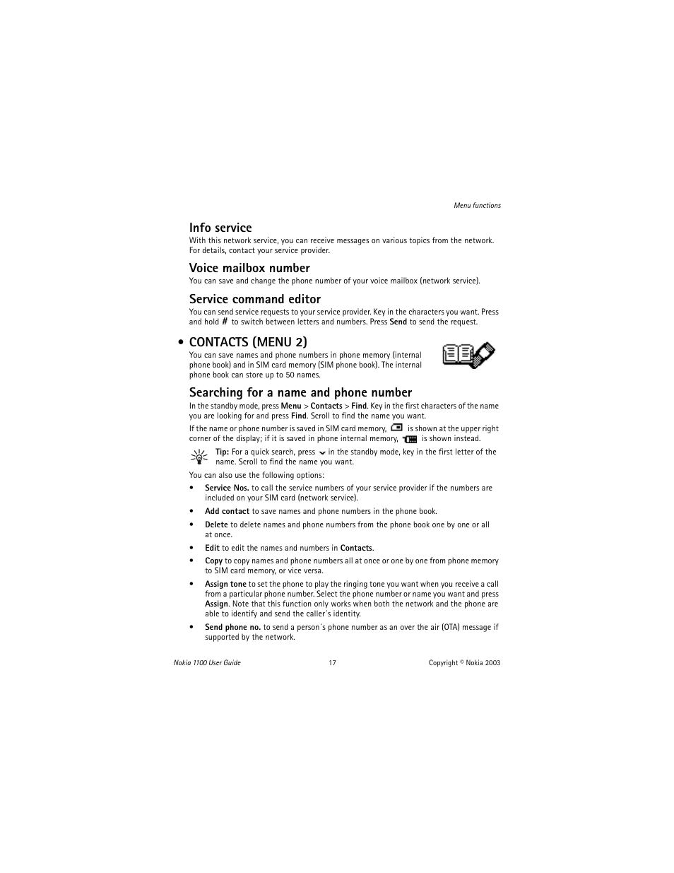 Contacts (menu 2), Info service, Voice mailbox number | Service command editor, Searching for a name and phone number | Nokia 1100 User Manual | Page 22 / 137