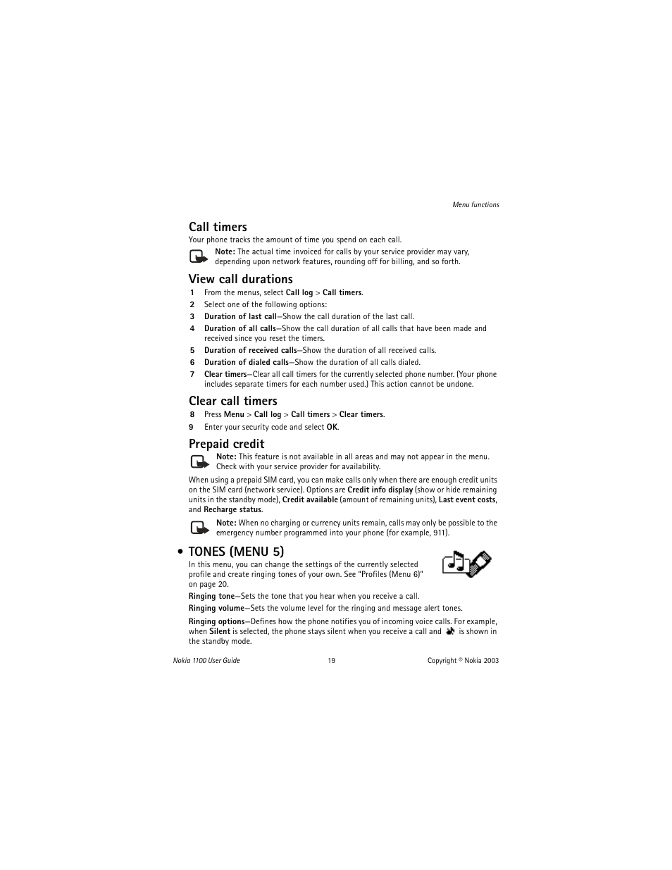 Tones (menu 5), Call timers, View call durations | Clear call timers, Prepaid credit | Nokia 1100 User Manual | Page 24 / 137