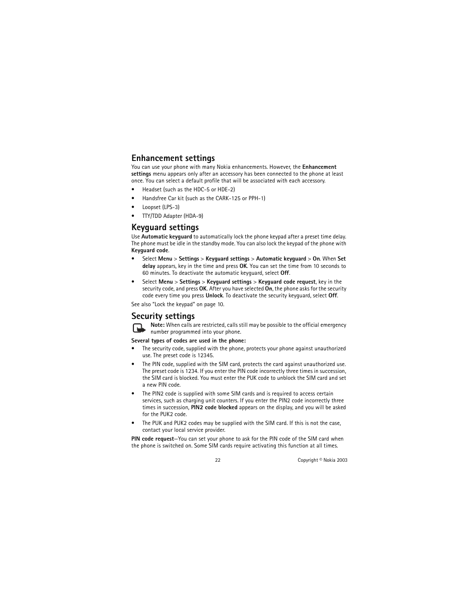 Enhancement settings, Keyguard settings, Security settings | Nokia 1100 User Manual | Page 27 / 137