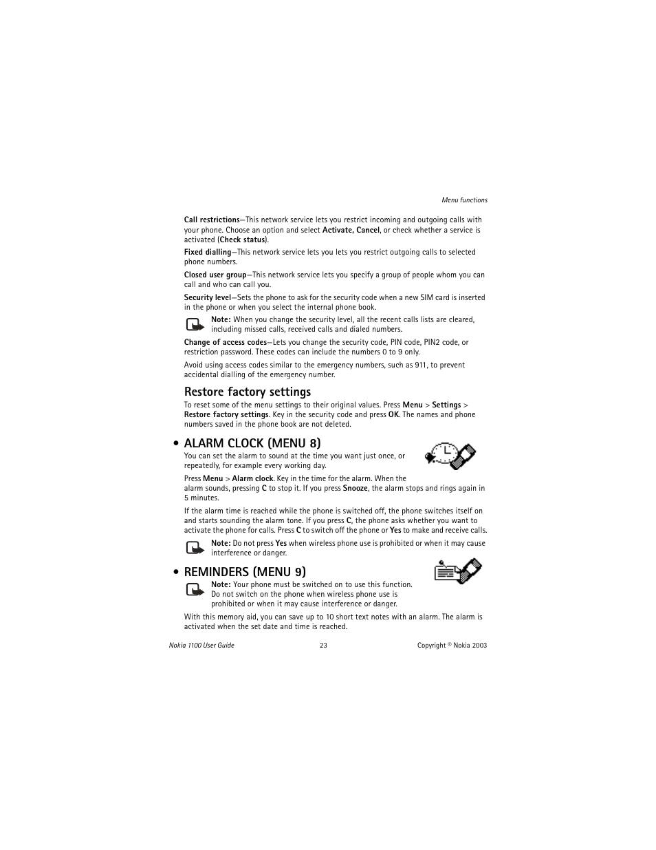Alarm clock (menu 8), Reminders (menu 9), Restore factory settings | Nokia 1100 User Manual | Page 28 / 137