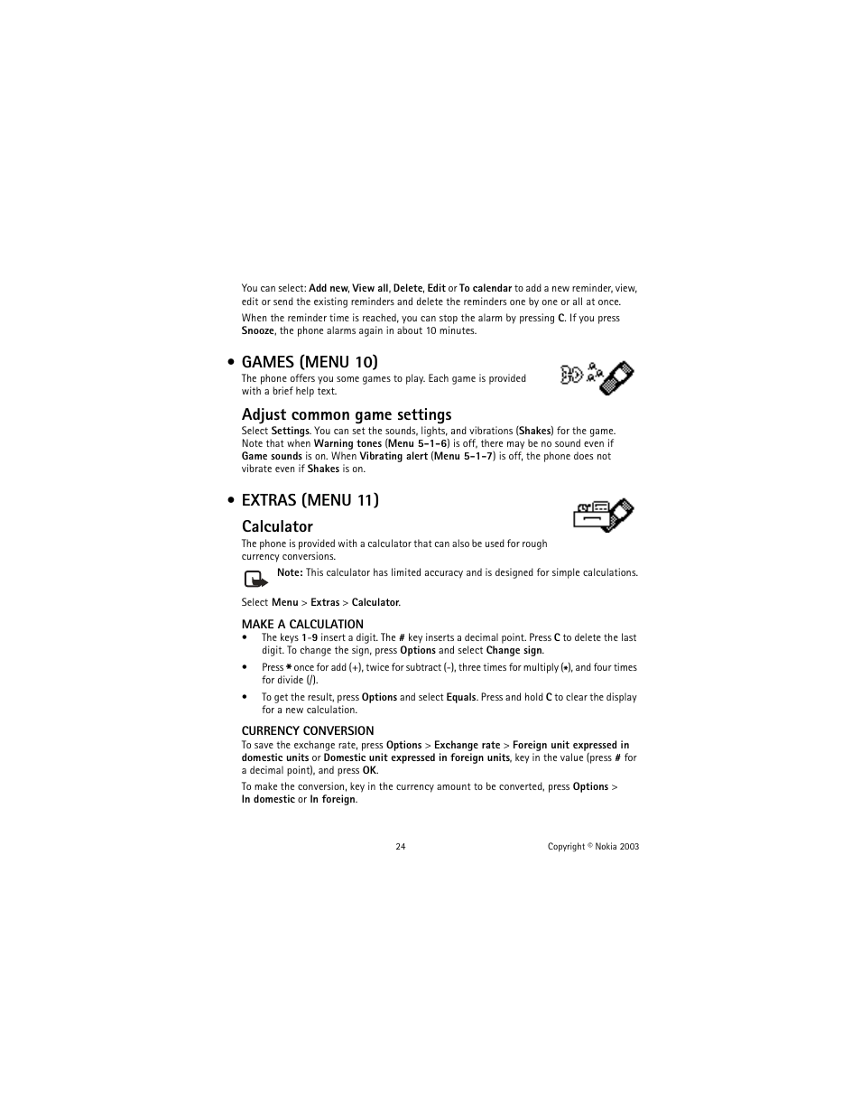Games (menu 10), Extras (menu 11), Adjust common game settings | Extras (menu 11) calculator | Nokia 1100 User Manual | Page 29 / 137
