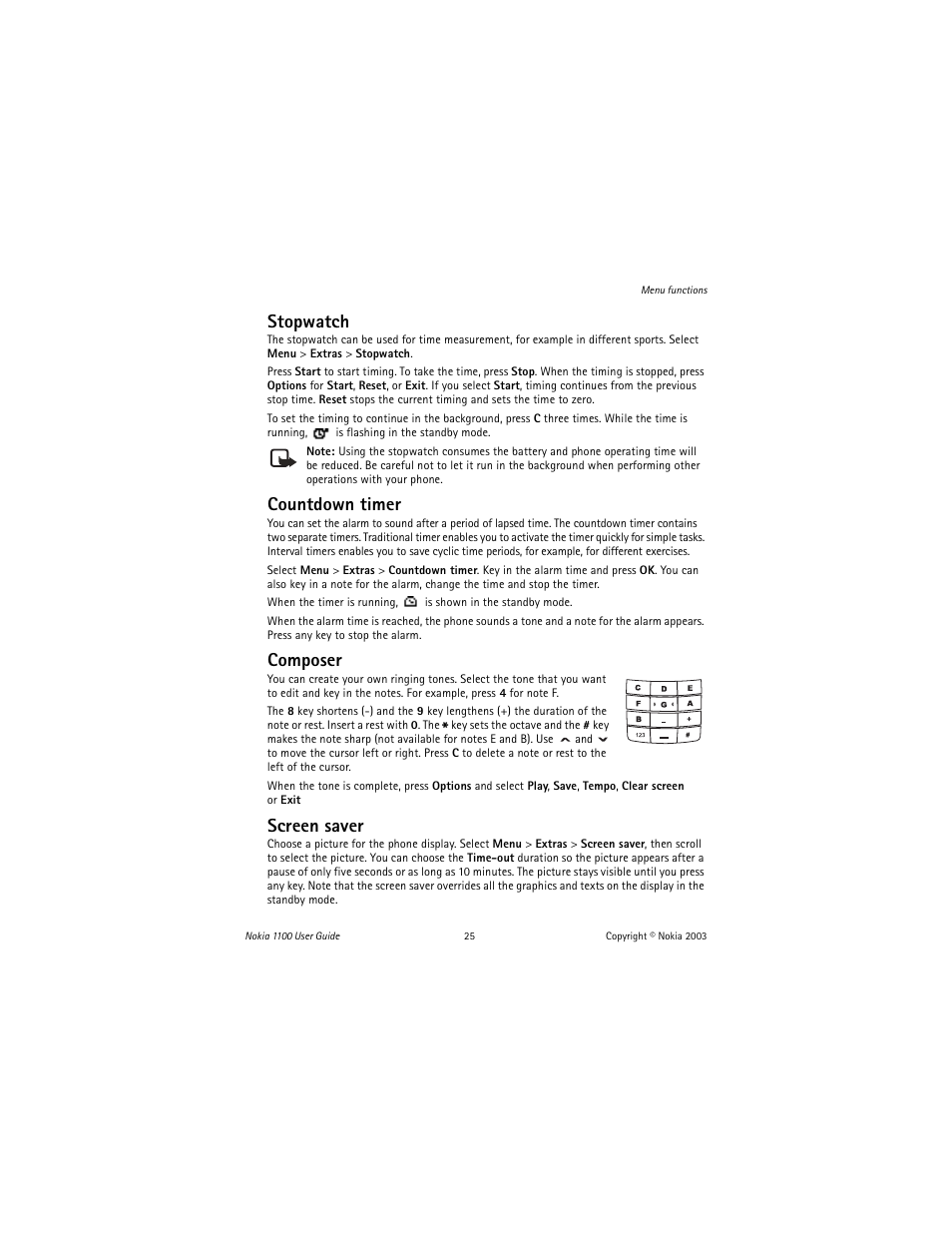 Stopwatch, Countdown timer, Composer | Screen saver | Nokia 1100 User Manual | Page 30 / 137