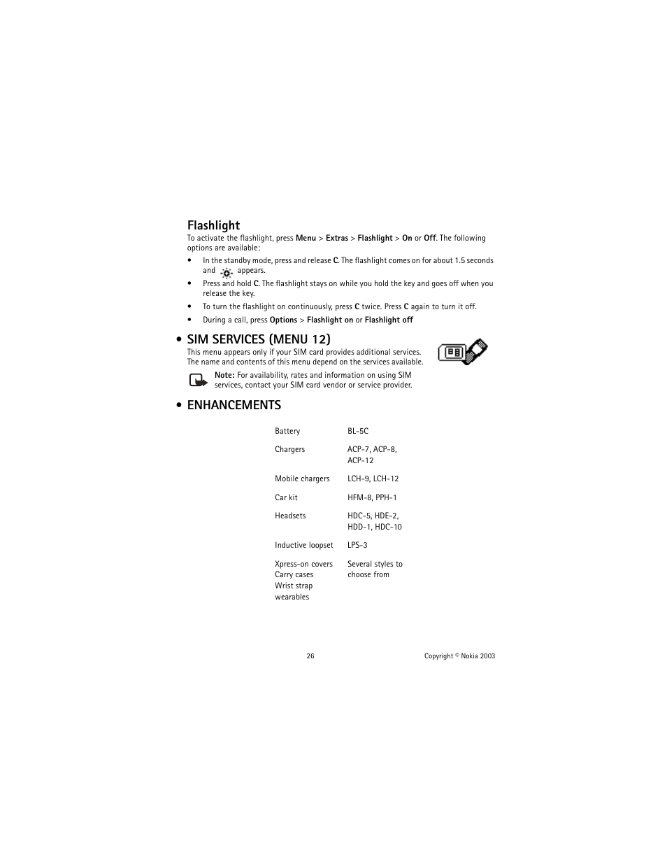 Sim services (menu 12), Enhancements, Flashlight | Nokia 1100 User Manual | Page 31 / 137