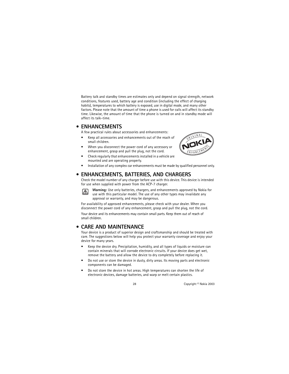 Enhancements, Enhancements, batteries, and chargers, Care and maintenance | Nokia 1100 User Manual | Page 33 / 137