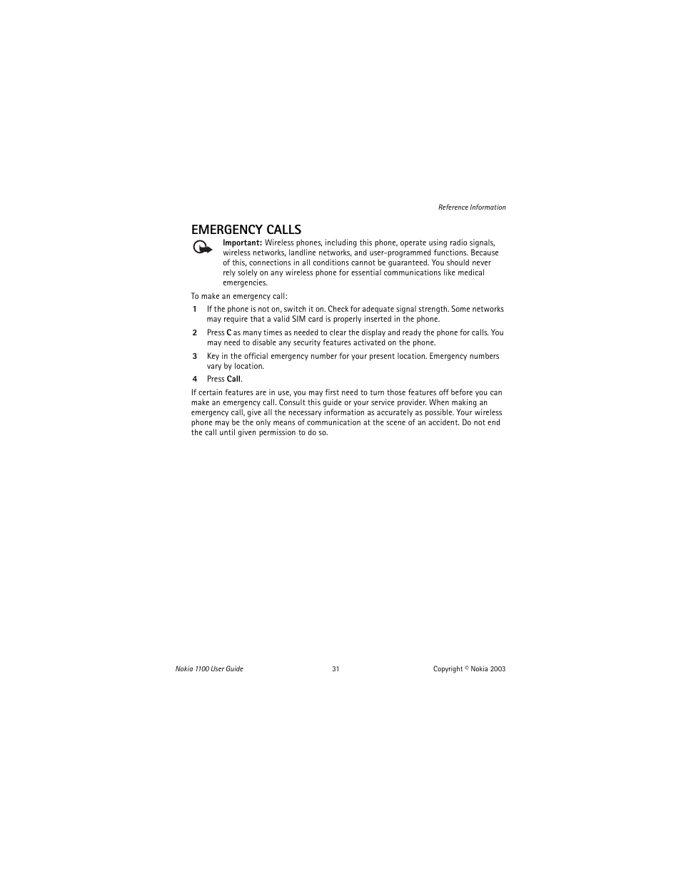 Emergency calls | Nokia 1100 User Manual | Page 36 / 137