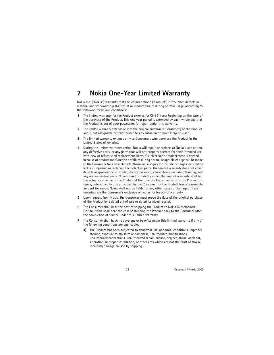 7 nokia one-year limited warranty, Nokia one-year limited warranty, 7nokia one-year limited warranty | Nokia 1100 User Manual | Page 39 / 137