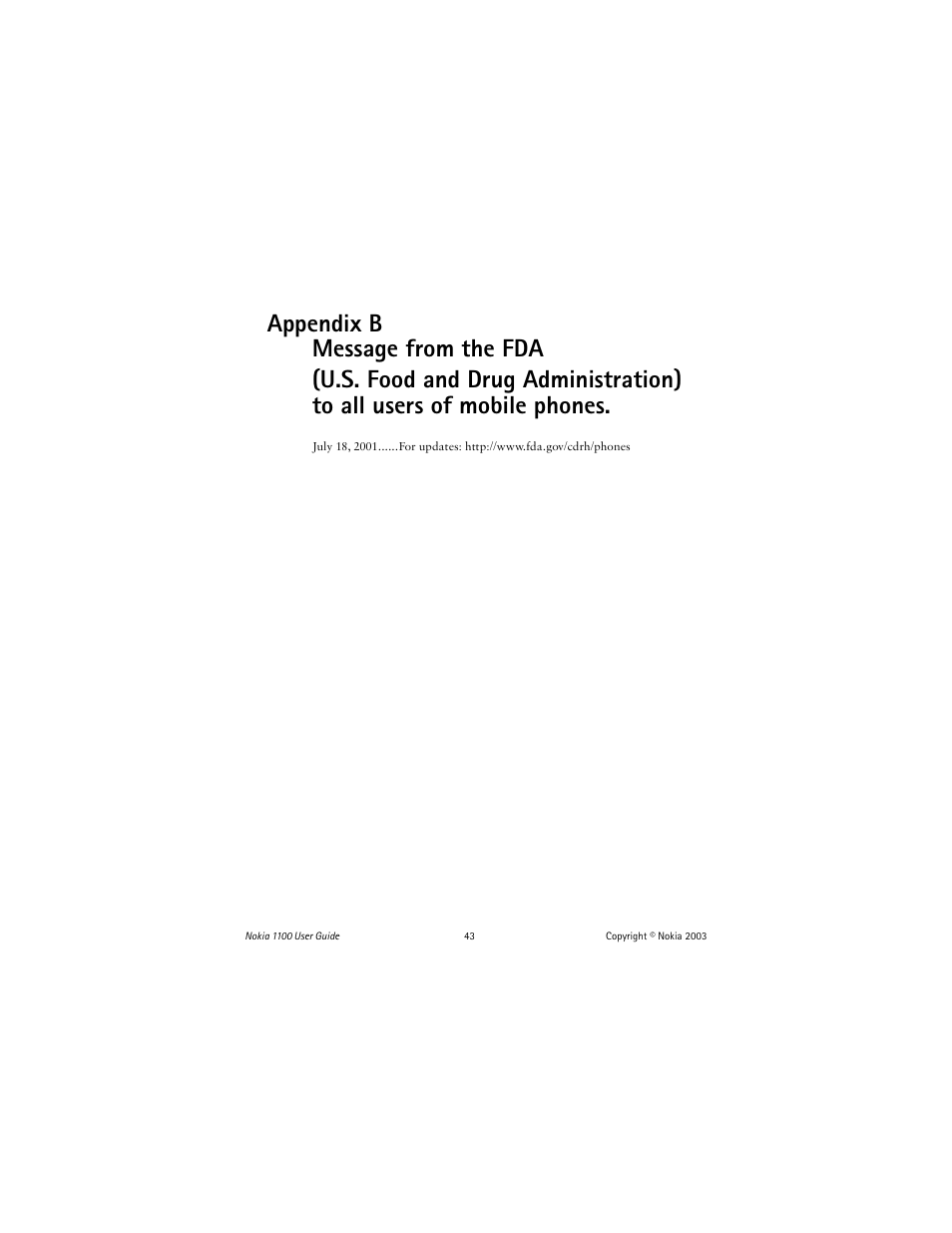 Appendix b message from the fda | Nokia 1100 User Manual | Page 48 / 137