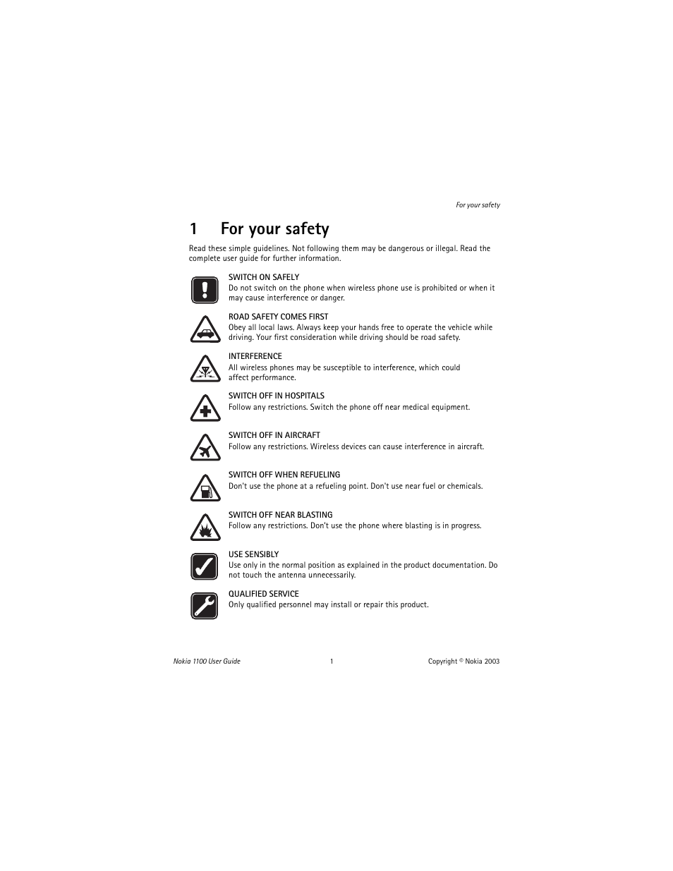 1 for your safety, 1for your safety | Nokia 1100 User Manual | Page 6 / 137
