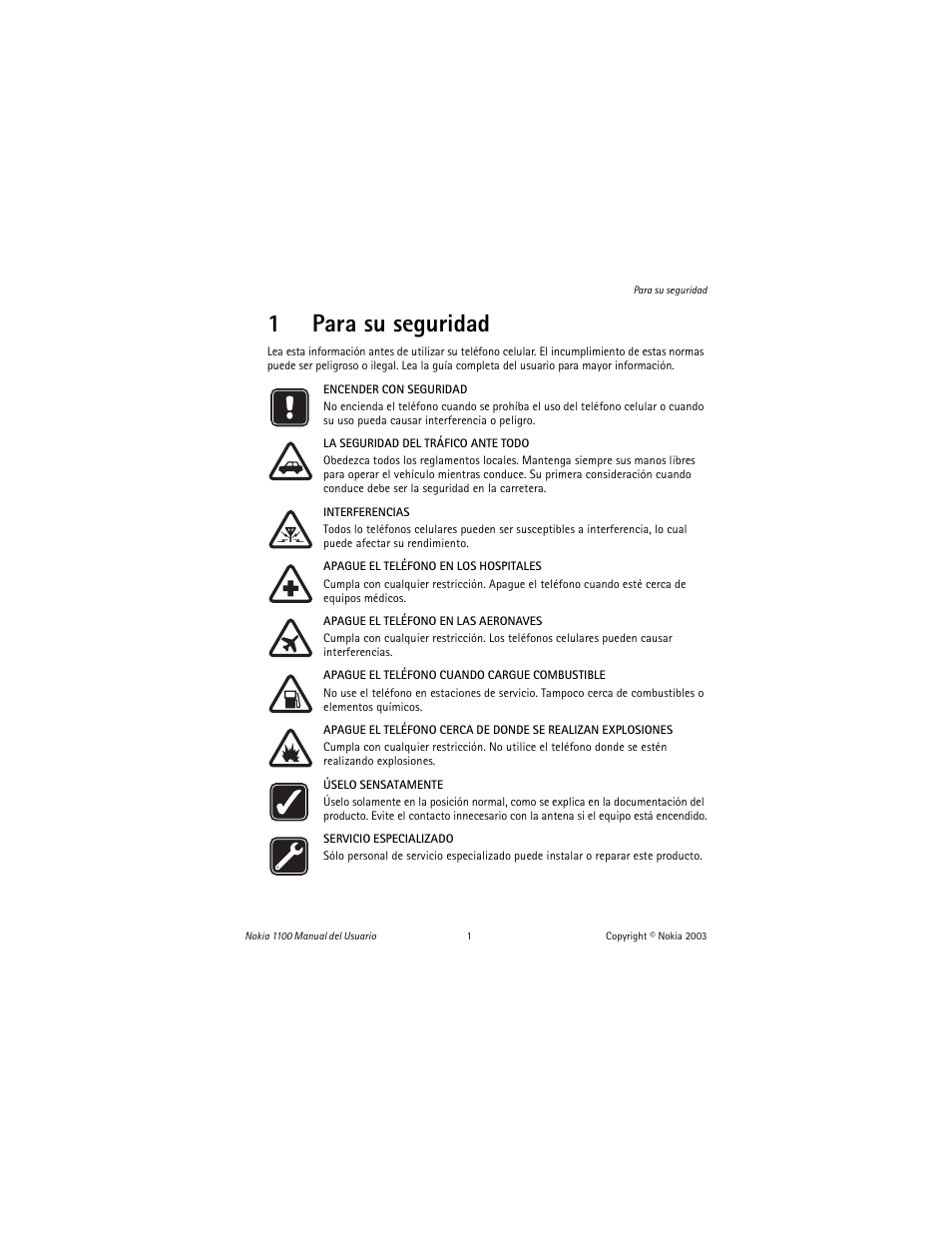 1 para su seguridad, For your safety, Para su seguridad | 1para su seguridad | Nokia 1100 User Manual | Page 60 / 137
