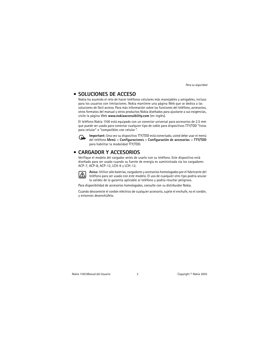 Soluciones de acceso, Cargador y accesorios | Nokia 1100 User Manual | Page 62 / 137