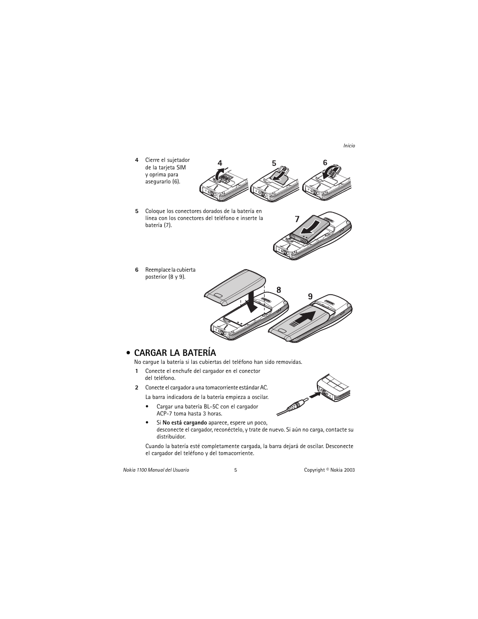 Cargar la batería | Nokia 1100 User Manual | Page 64 / 137