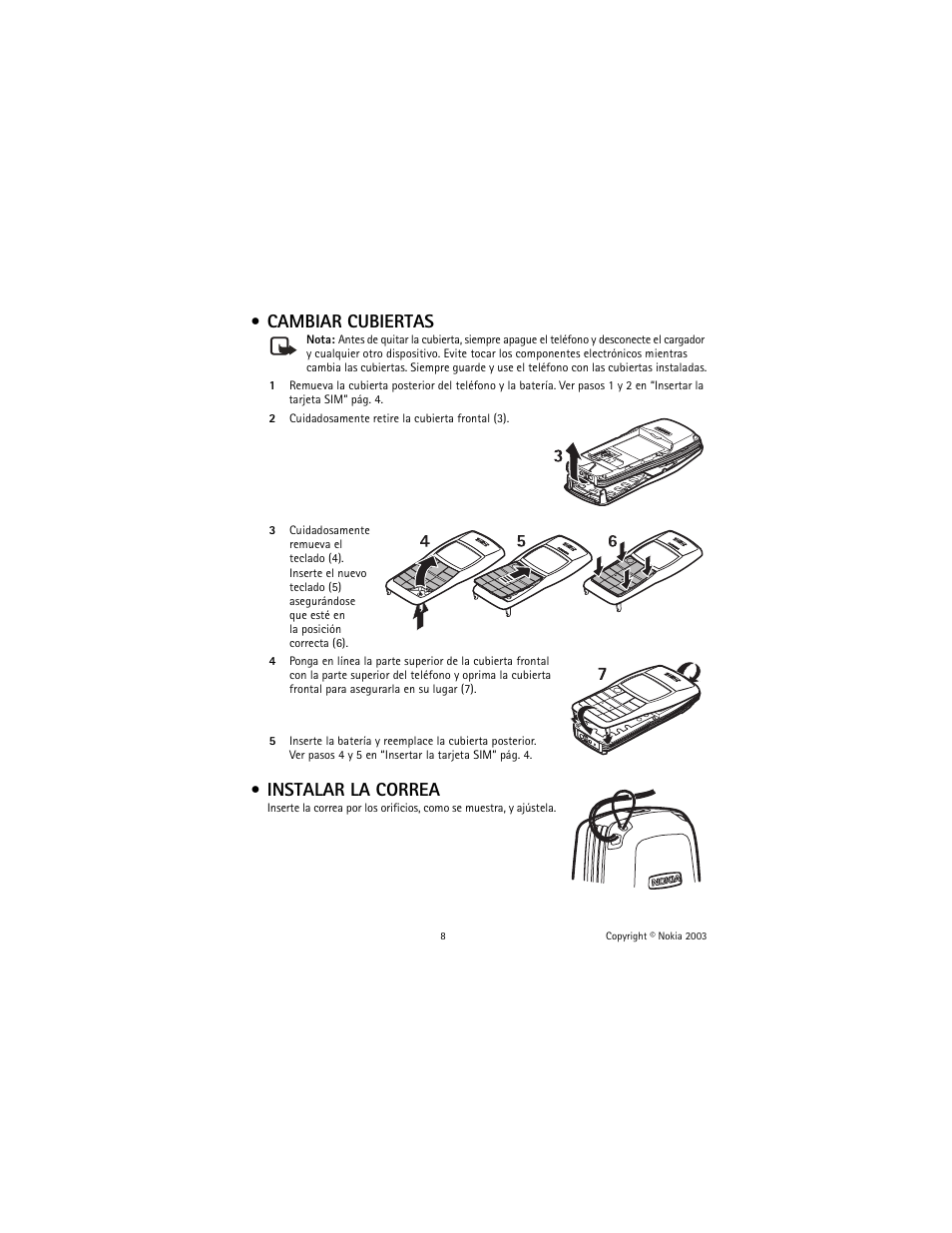 Cambiar cubiertas, Instalar la correa | Nokia 1100 User Manual | Page 67 / 137