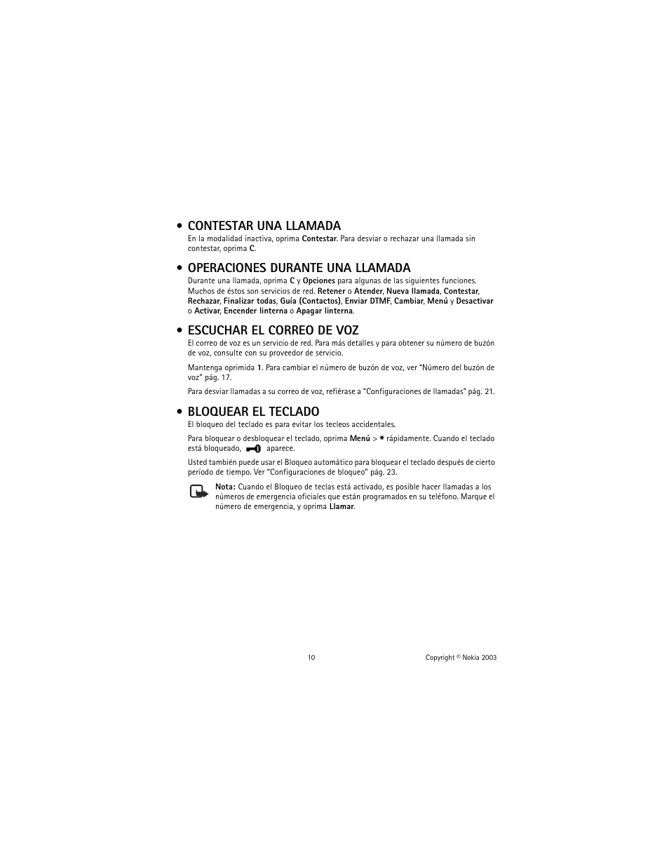 Contestar una llamada, Operaciones durante una llamada, Escuchar el correo de voz | Bloquear el teclado | Nokia 1100 User Manual | Page 69 / 137