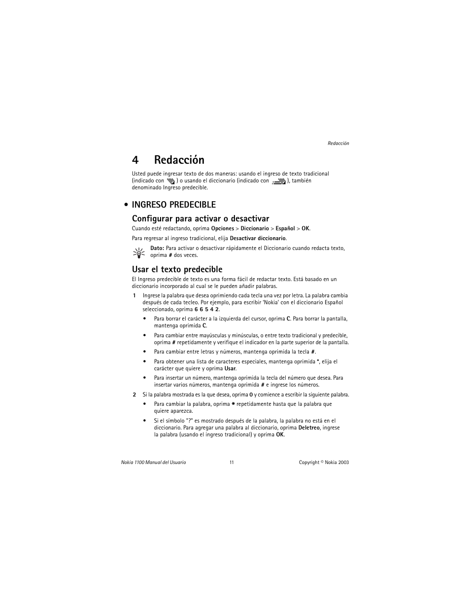 4 redacción, Ingreso predecible, 4redacción | Usar el texto predecible | Nokia 1100 User Manual | Page 70 / 137