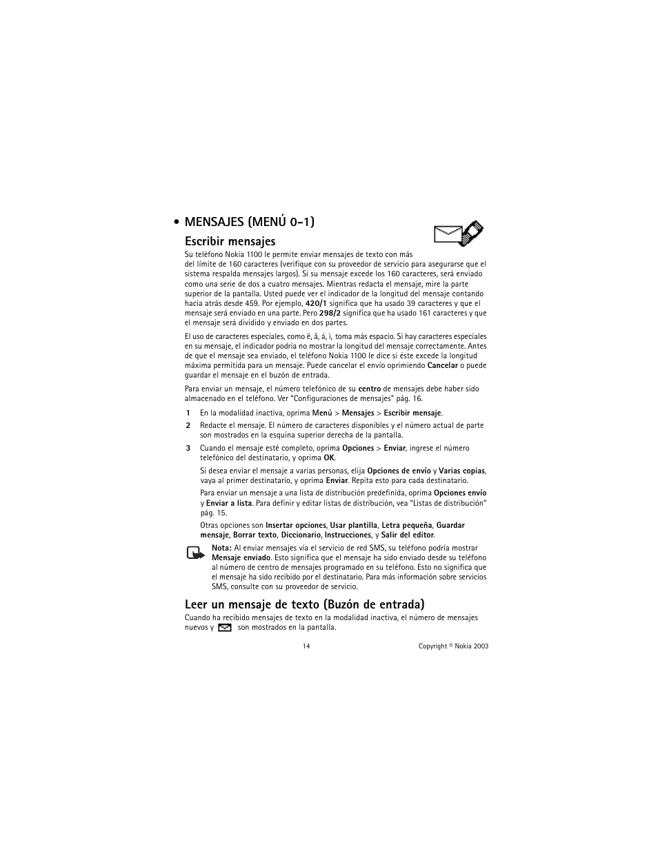 Mensajes (menú 0-1), Mensajes (menú 0-1) escribir mensajes, Leer un mensaje de texto (buzón de entrada) | Nokia 1100 User Manual | Page 73 / 137