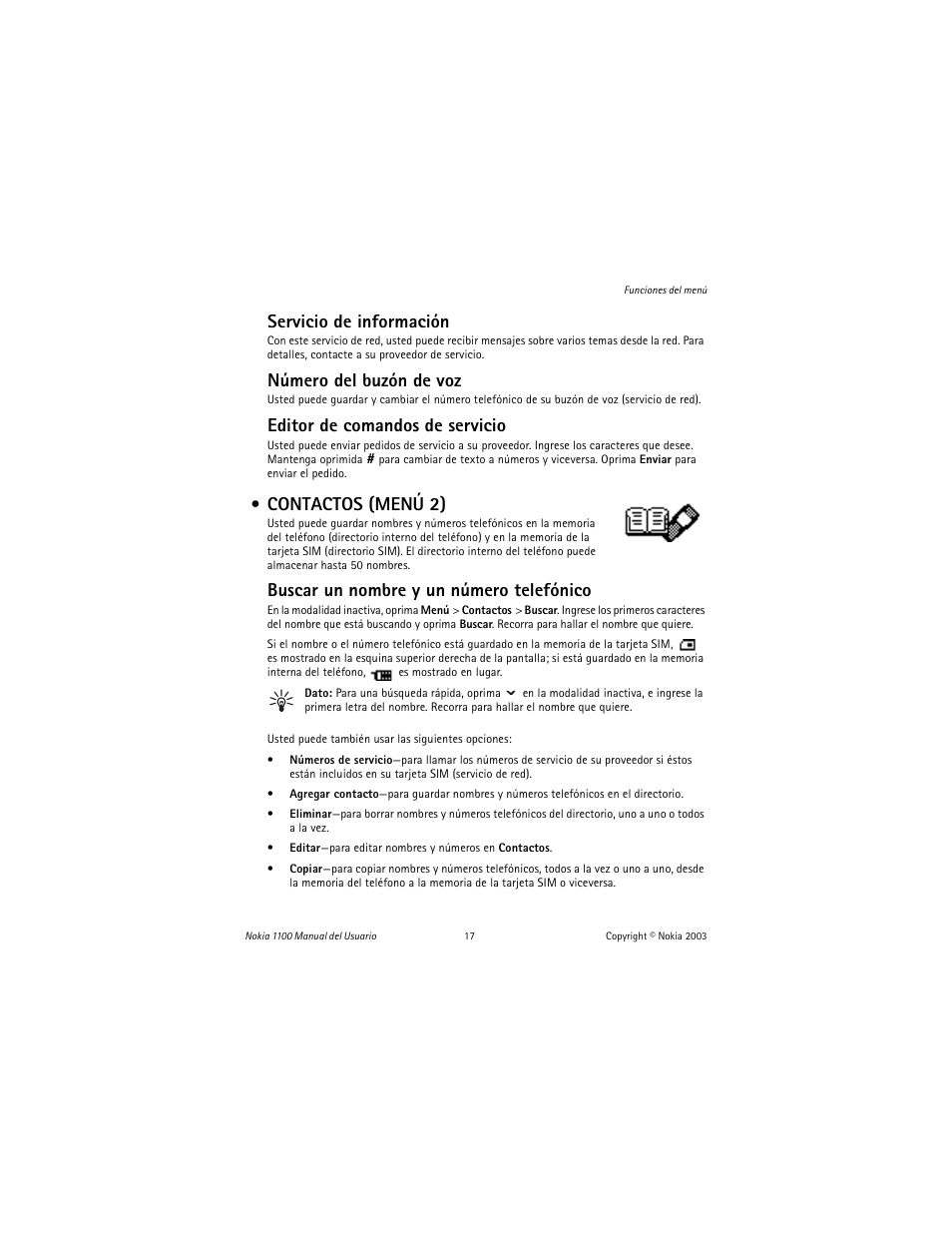 Contactos (menú 2), Servicio de información, Número del buzón de voz | Editor de comandos de servicio, Buscar un nombre y un número telefónico | Nokia 1100 User Manual | Page 76 / 137