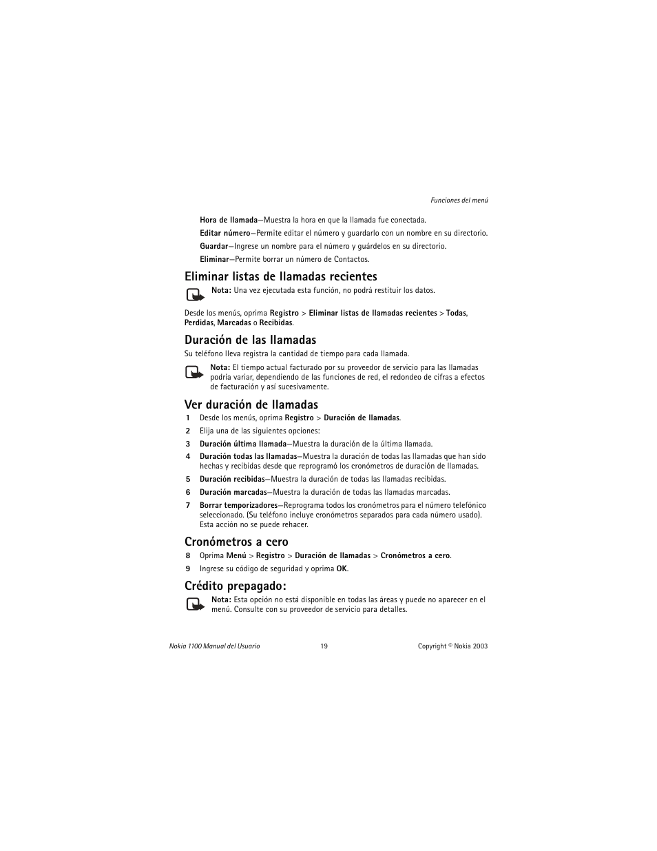 Eliminar listas de llamadas recientes, Duración de las llamadas, Ver duración de llamadas | Cronómetros a cero, Crédito prepagado | Nokia 1100 User Manual | Page 78 / 137