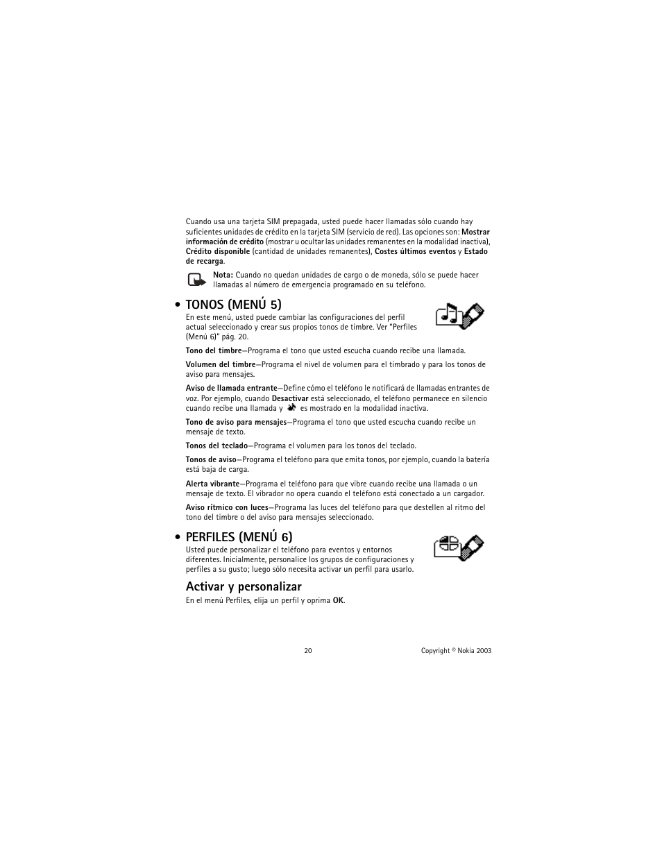 Tonos (menú 5), Perfiles (menú 6), Activar y personalizar | Nokia 1100 User Manual | Page 79 / 137