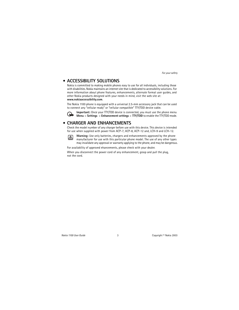 Accessibility solutions, Charger and enhancements | Nokia 1100 User Manual | Page 8 / 137