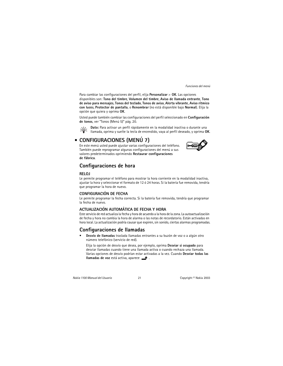 Configuraciones (menú 7), Configuraciones de hora, Configuraciones de llamadas | Nokia 1100 User Manual | Page 80 / 137