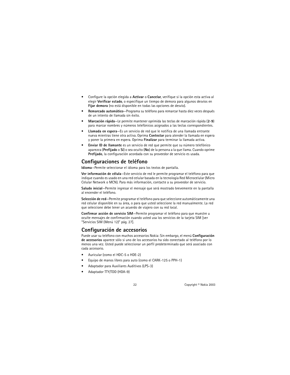 Configuraciones de teléfono, Configuración de accesorios | Nokia 1100 User Manual | Page 81 / 137