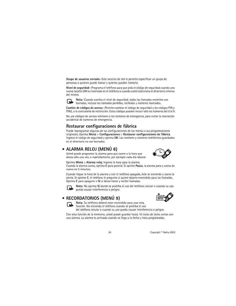 Alarma reloj (menú 8), Recordatorios (menú 9), Restaurar configuraciones de fábrica | Nokia 1100 User Manual | Page 83 / 137