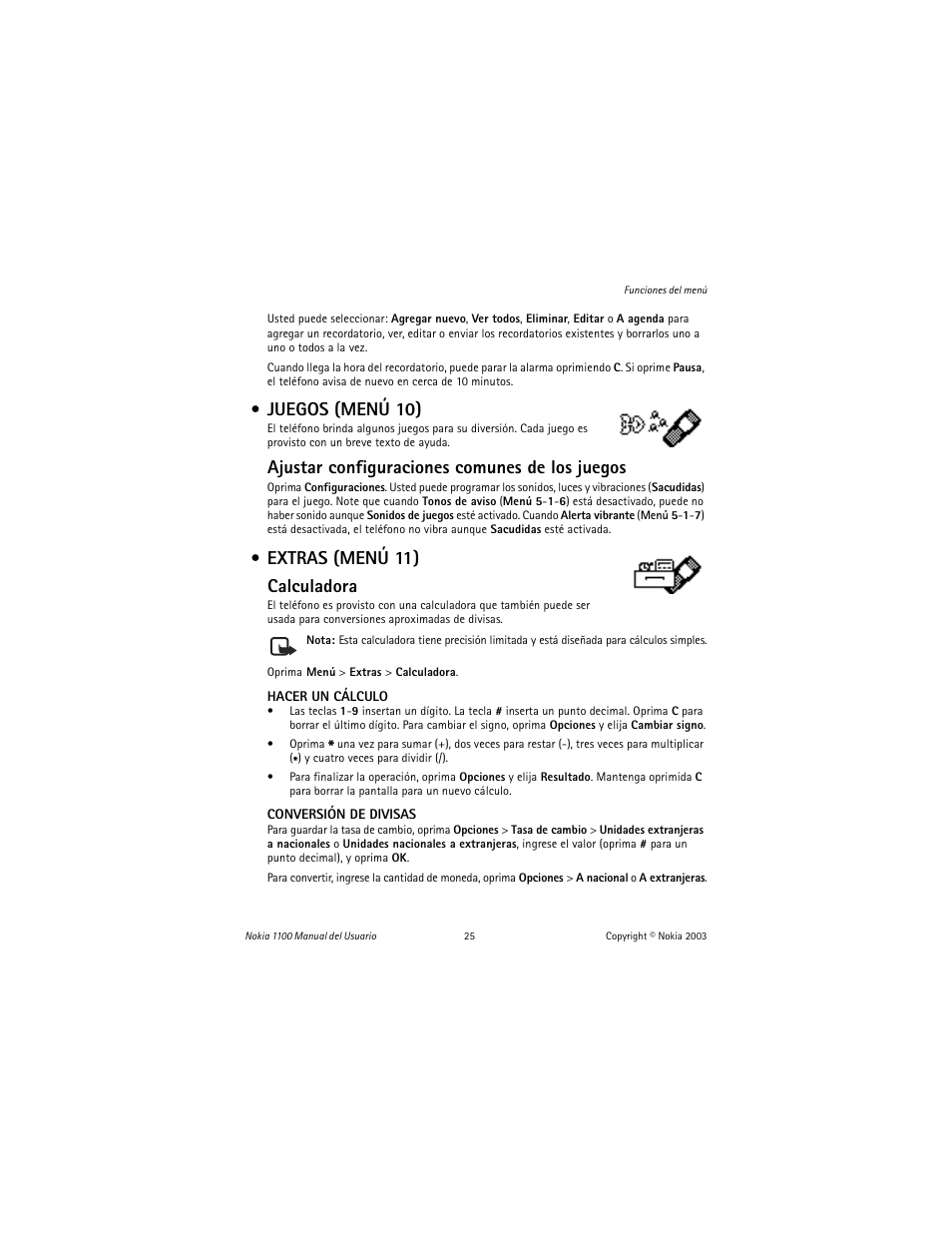 Juegos (menú 10), Extras (menú 11), Ajustar configuraciones comunes de los juegos | Extras (menú 11) calculadora | Nokia 1100 User Manual | Page 84 / 137
