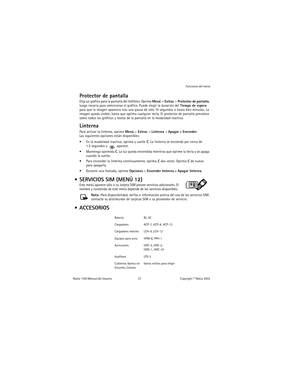 Servicios sim (menú 12), Accesorios, Enhancements | Protector de pantalla, Linterna | Nokia 1100 User Manual | Page 86 / 137