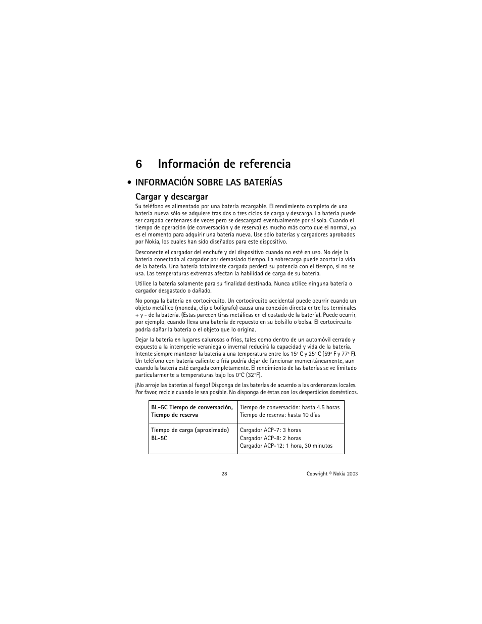 6 información de referencia, Reference information, Información de referencia | 6información de referencia, Información sobre las baterías cargar y descargar | Nokia 1100 User Manual | Page 87 / 137