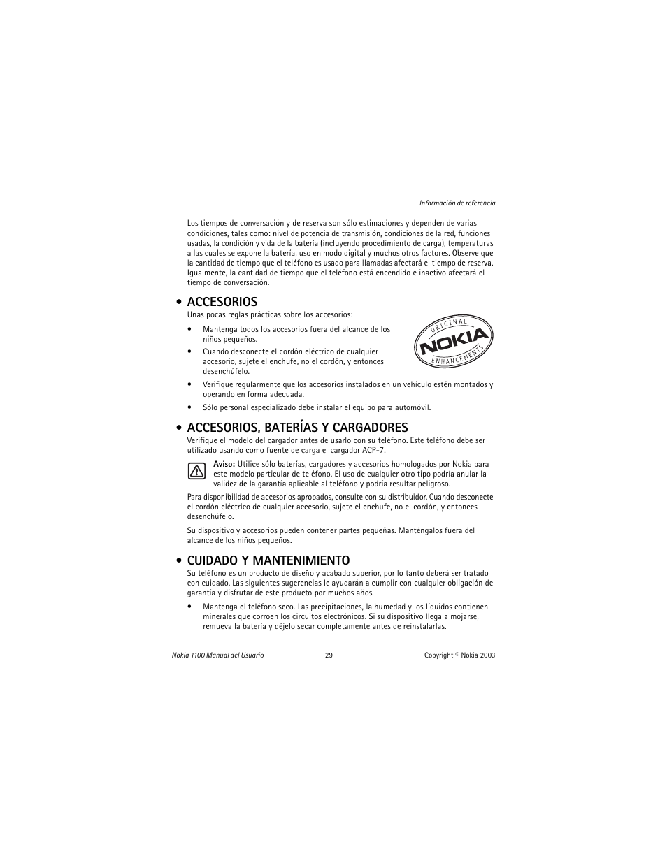 Accesorios, Accesorios, baterías y cargadores, Cuidado y mantenimiento | Nokia 1100 User Manual | Page 88 / 137