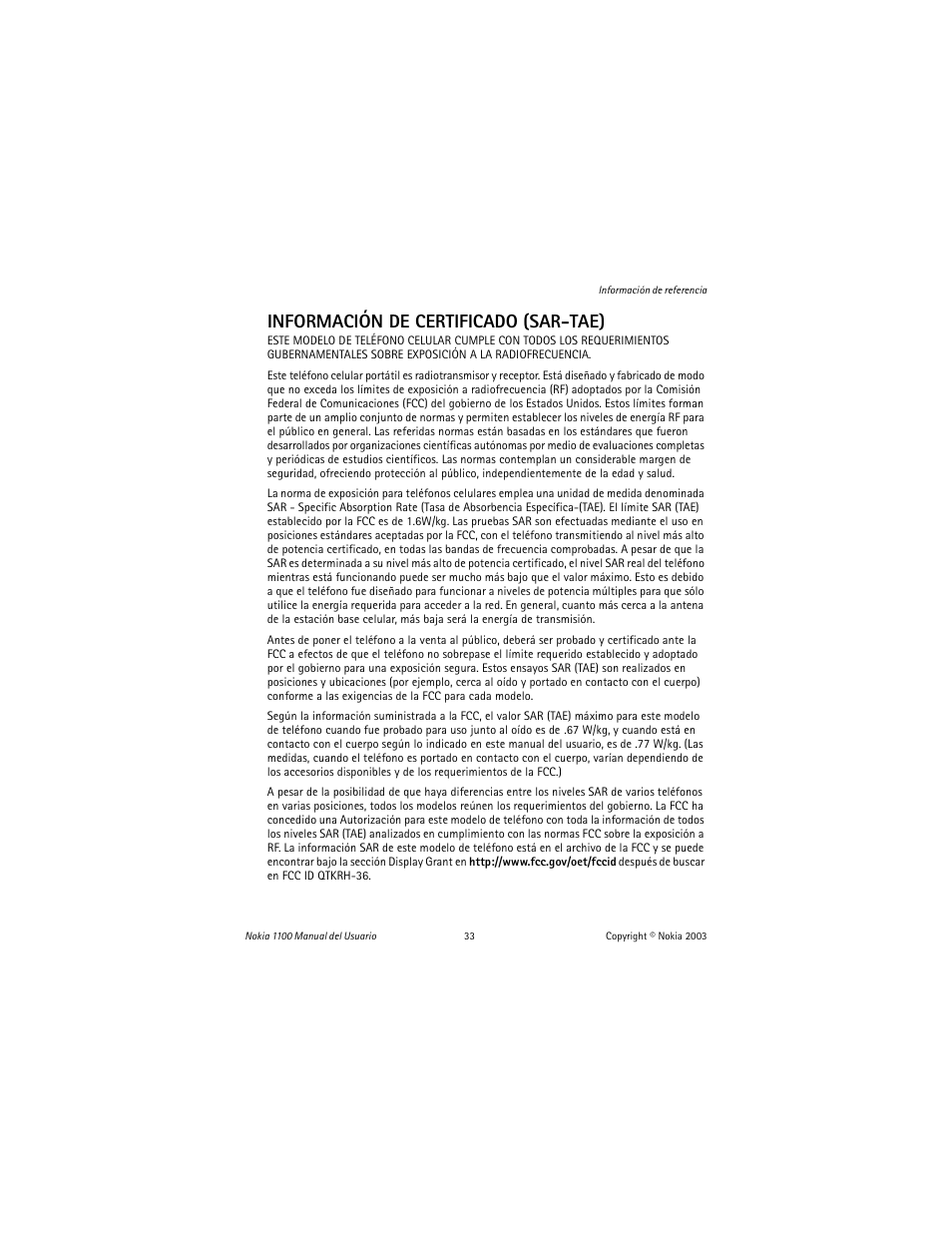 Información de certificado (sar-tae) | Nokia 1100 User Manual | Page 92 / 137