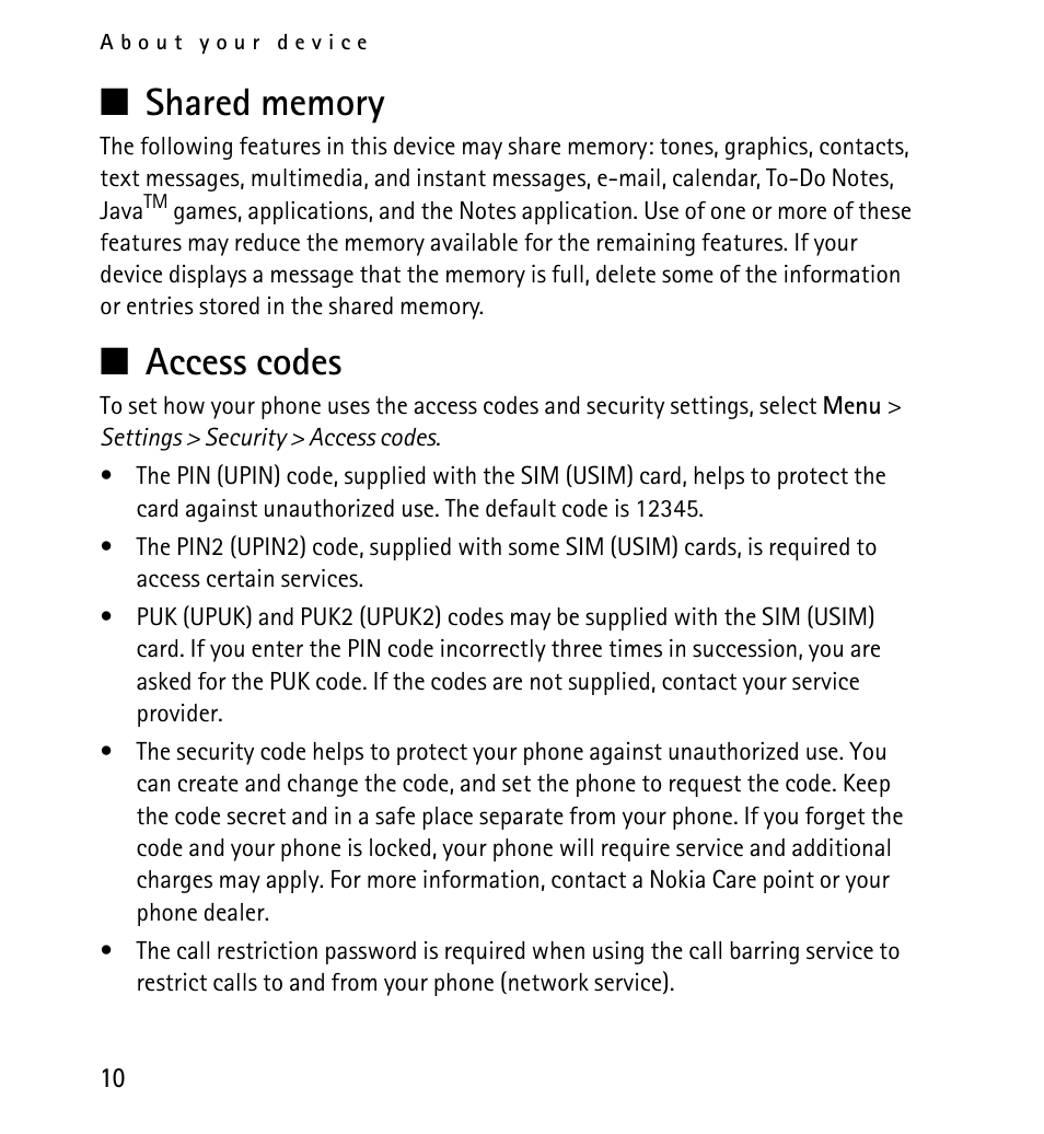 Shared memory, Access codes, Shared memory access codes | N access codes | Nokia 5130 User Manual | Page 10 / 173