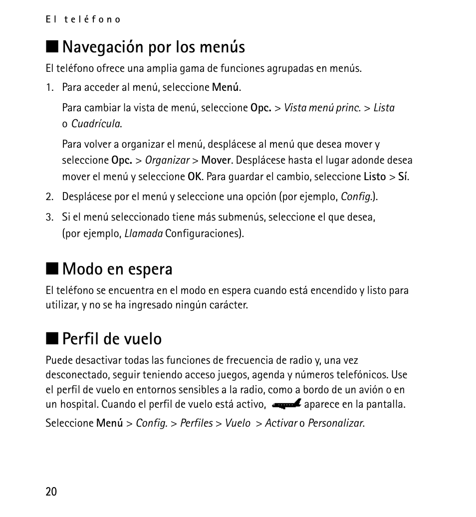 Navegación por los menús, Modo en espera, Perfil de vuelo | Navegación por los menús modo en espera, N navegación por los menús, N modo en espera, N perfil de vuelo | Nokia 5130 User Manual | Page 102 / 173