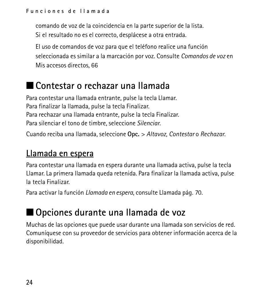 Contestar o rechazar una llamada, Llamada en espera, Opciones durante una llamada de voz | N contestar o rechazar una llamada, N opciones durante una llamada de voz | Nokia 5130 User Manual | Page 106 / 173