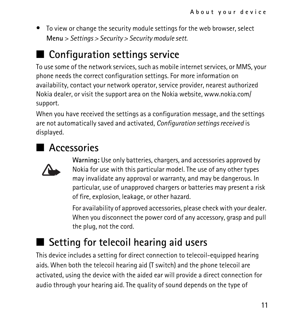 Configuration settings service, Accessories, Setting for telecoil hearing aid users | N configuration settings service, N accessories, N setting for telecoil hearing aid users | Nokia 5130 User Manual | Page 11 / 173