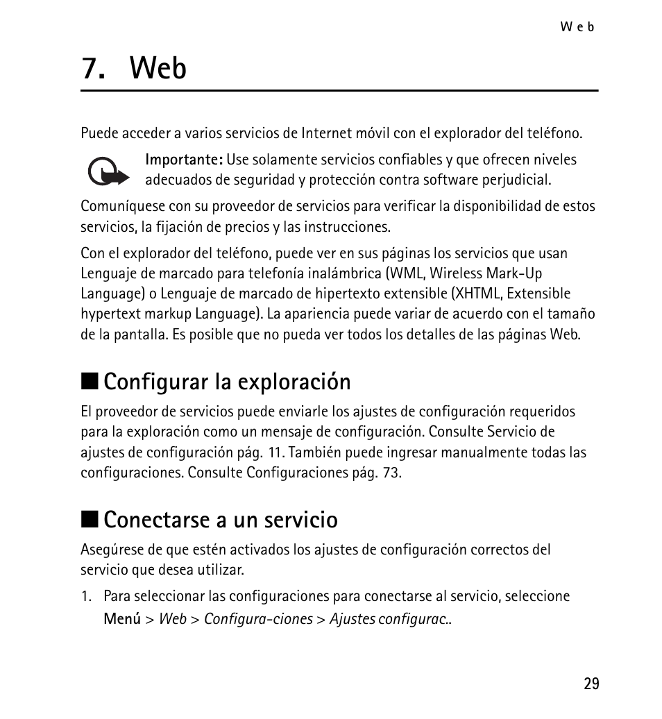 Configurar la exploración, Conectarse a un servicio, Configurar la exploración conectarse a un servicio | N configurar la exploración, N conectarse a un servicio | Nokia 5130 User Manual | Page 111 / 173