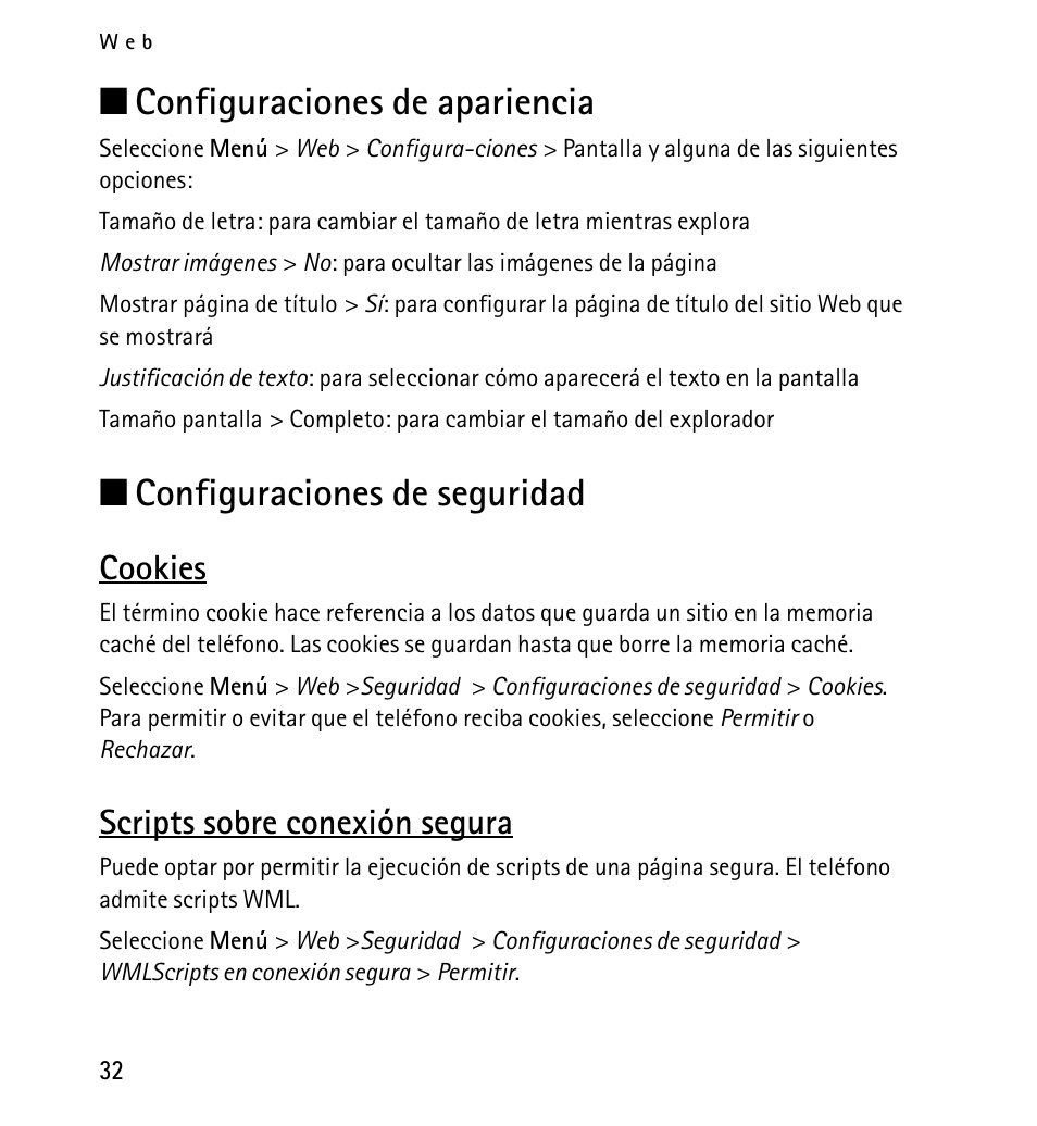 Configuraciones de apariencia, Configuraciones de seguridad, Cookies | Scripts sobre conexión segura, N configuraciones de apariencia, N configuraciones de seguridad | Nokia 5130 User Manual | Page 114 / 173