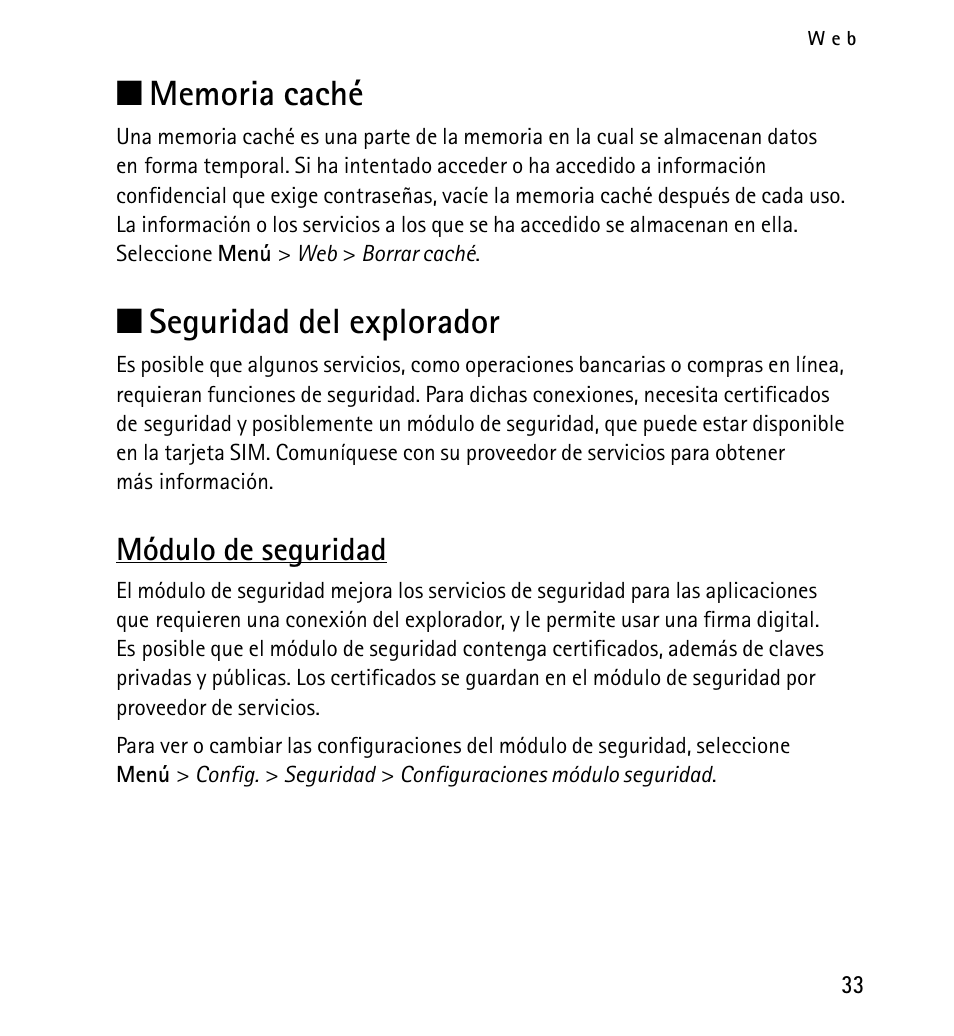 Memoria caché, Seguridad del explorador, Módulo de seguridad | Memoria caché seguridad del explorador, N seguridad del explorador | Nokia 5130 User Manual | Page 115 / 173