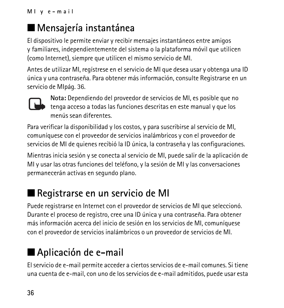 Mensajería instantánea, Registrarse en un servicio de mi, Aplicación de e-mail | N mensajería instantánea, N registrarse en un servicio de mi, N aplicación de e-mail | Nokia 5130 User Manual | Page 118 / 173