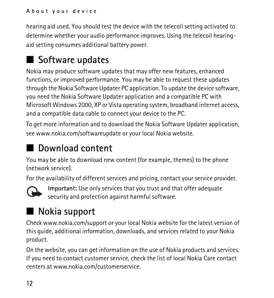 Software updates, Download content, Nokia support | Software updates download content nokia support, N software updates, N download content, N nokia support | Nokia 5130 User Manual | Page 12 / 173