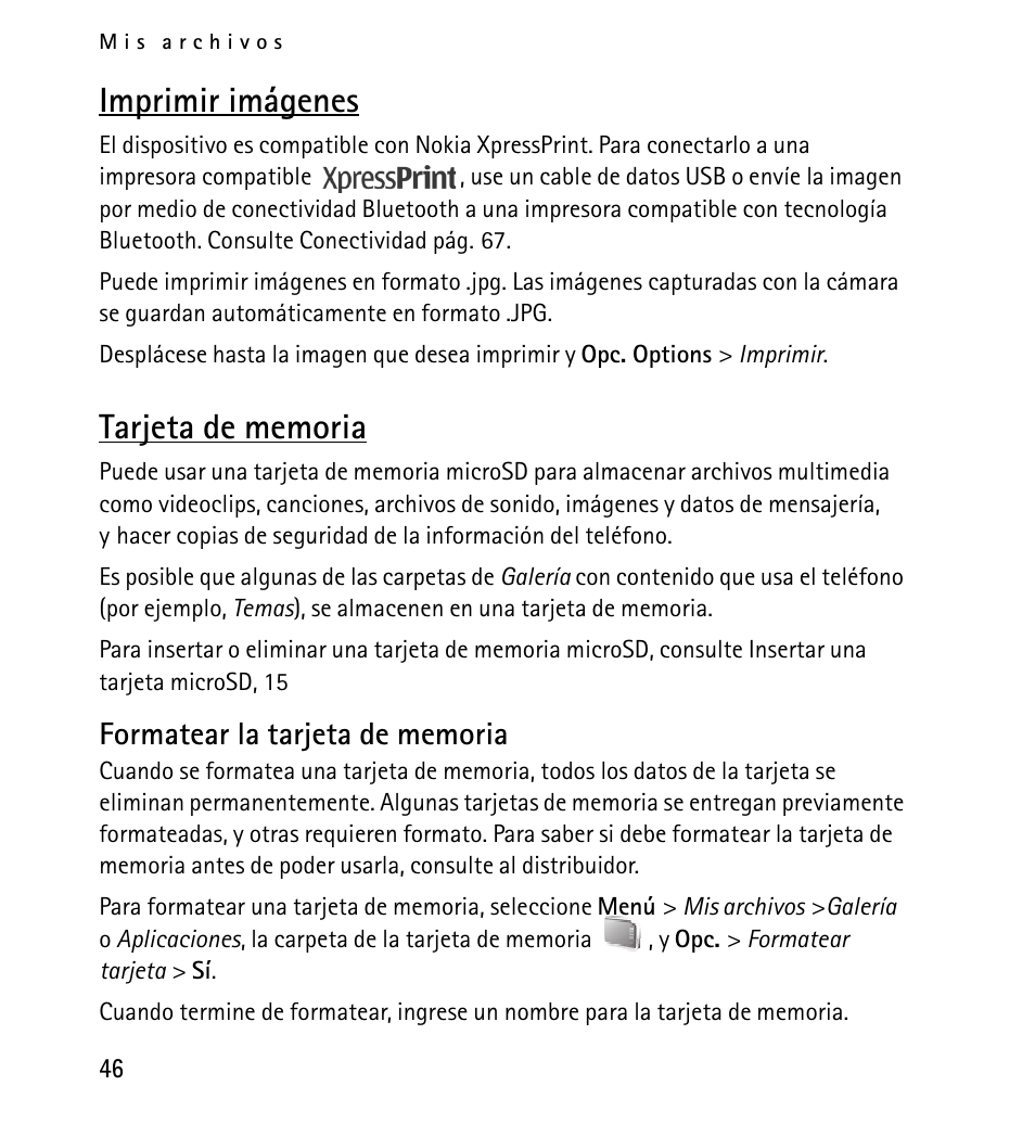 Imprimir imágenes, Tarjeta de memoria, Formatear la tarjeta de memoria | Nokia 5130 User Manual | Page 128 / 173