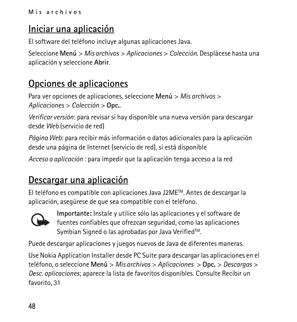 Iniciar una aplicación, Opciones de aplicaciones, Descargar una aplicación | Nokia 5130 User Manual | Page 130 / 173