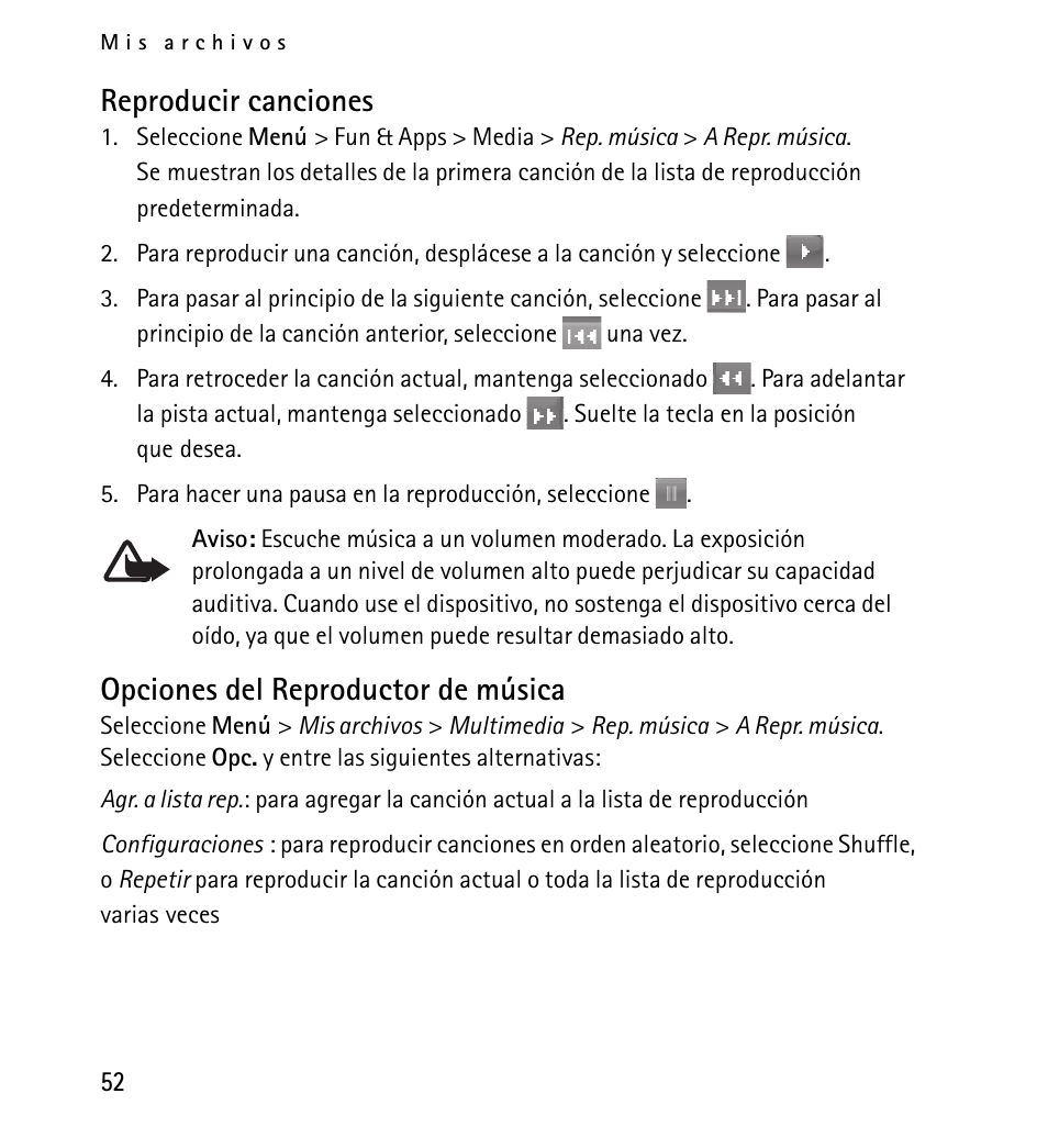 Reproducir canciones, Opciones del reproductor de música | Nokia 5130 User Manual | Page 134 / 173