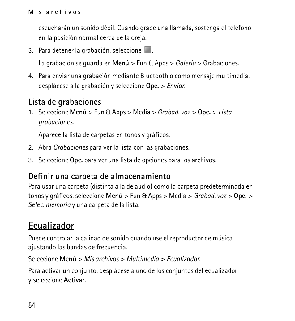 Lista de grabaciones, Definir una carpeta de almacenamiento, Ecualizador | Nokia 5130 User Manual | Page 136 / 173
