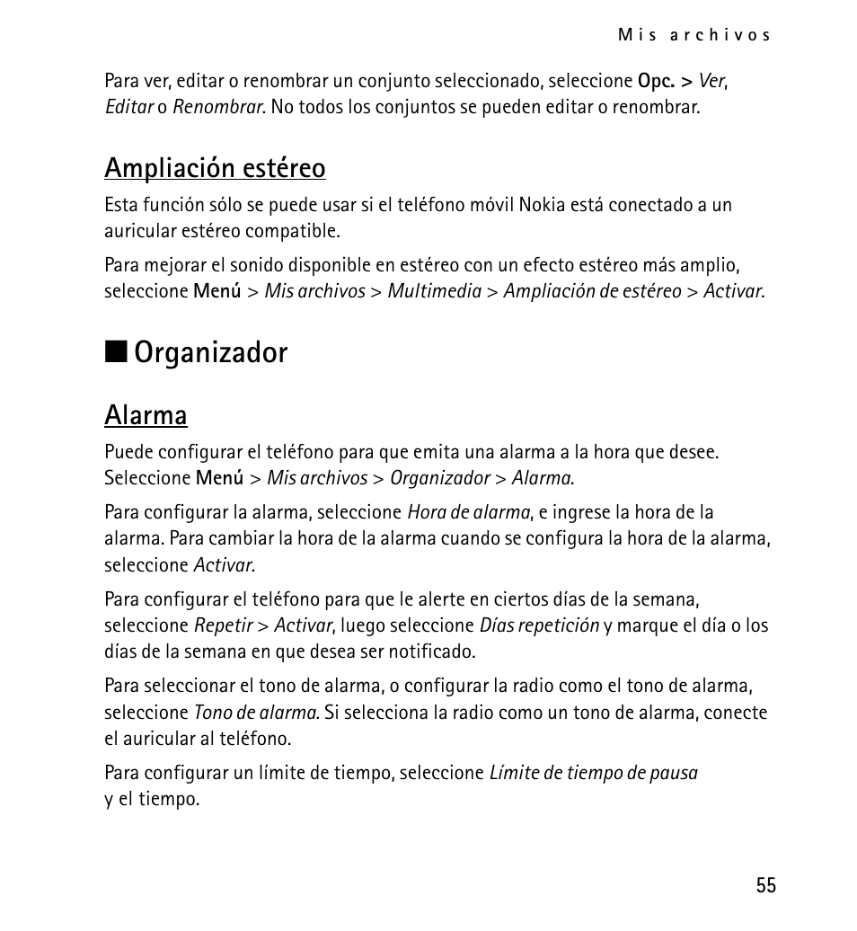 Ampliación estéreo, Organizador, Alarma | N organizador | Nokia 5130 User Manual | Page 137 / 173