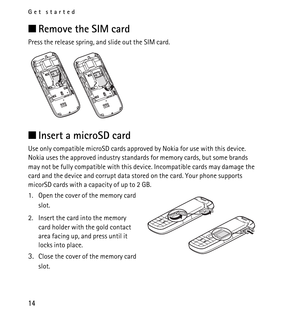 Remove the sim card, Insert a microsd card, Remove the sim card insert a microsd card | N remove the sim card, N insert a microsd card | Nokia 5130 User Manual | Page 14 / 173