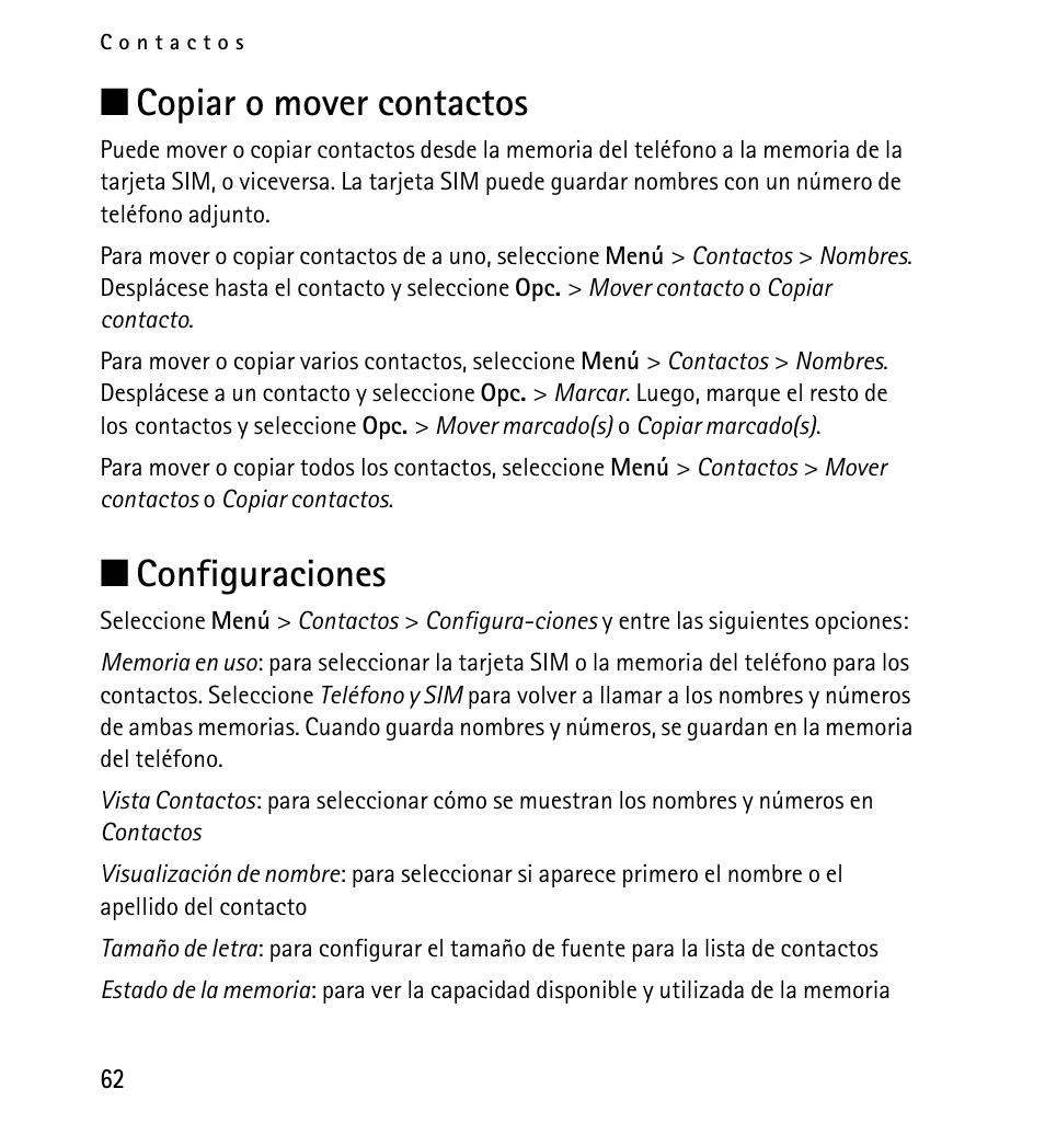 Copiar o mover contactos, Configuraciones, Copiar o mover contactos configuraciones | N copiar o mover contactos, N configuraciones | Nokia 5130 User Manual | Page 144 / 173