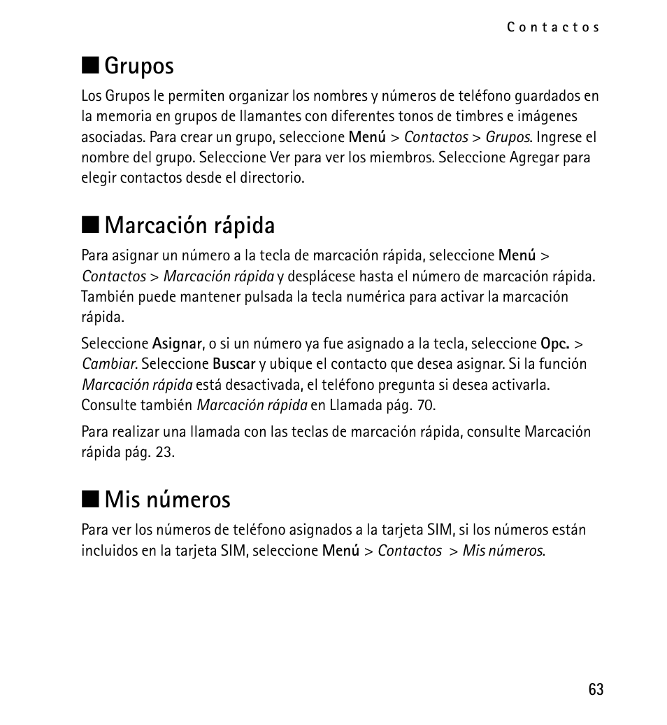 Grupos, Marcación rápida, Mis números | Marcación rápida mis números, N grupos, N marcación rápida, N mis números | Nokia 5130 User Manual | Page 145 / 173