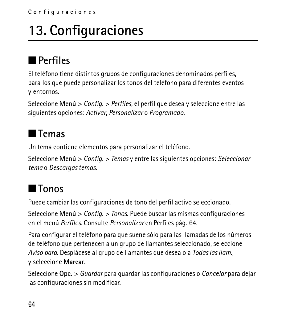 Configuraciones, Perfiles, Temas | Tonos, Perfiles temas tonos, N perfiles, N temas, N tonos | Nokia 5130 User Manual | Page 146 / 173